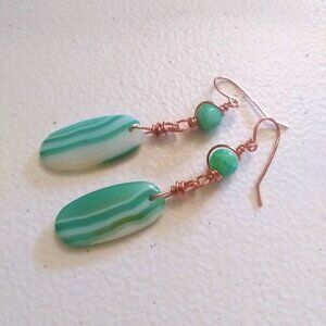 Banded Green Agate & Kiwi Jasper - Long Dangle Earrings - Copper Wire Earwires
